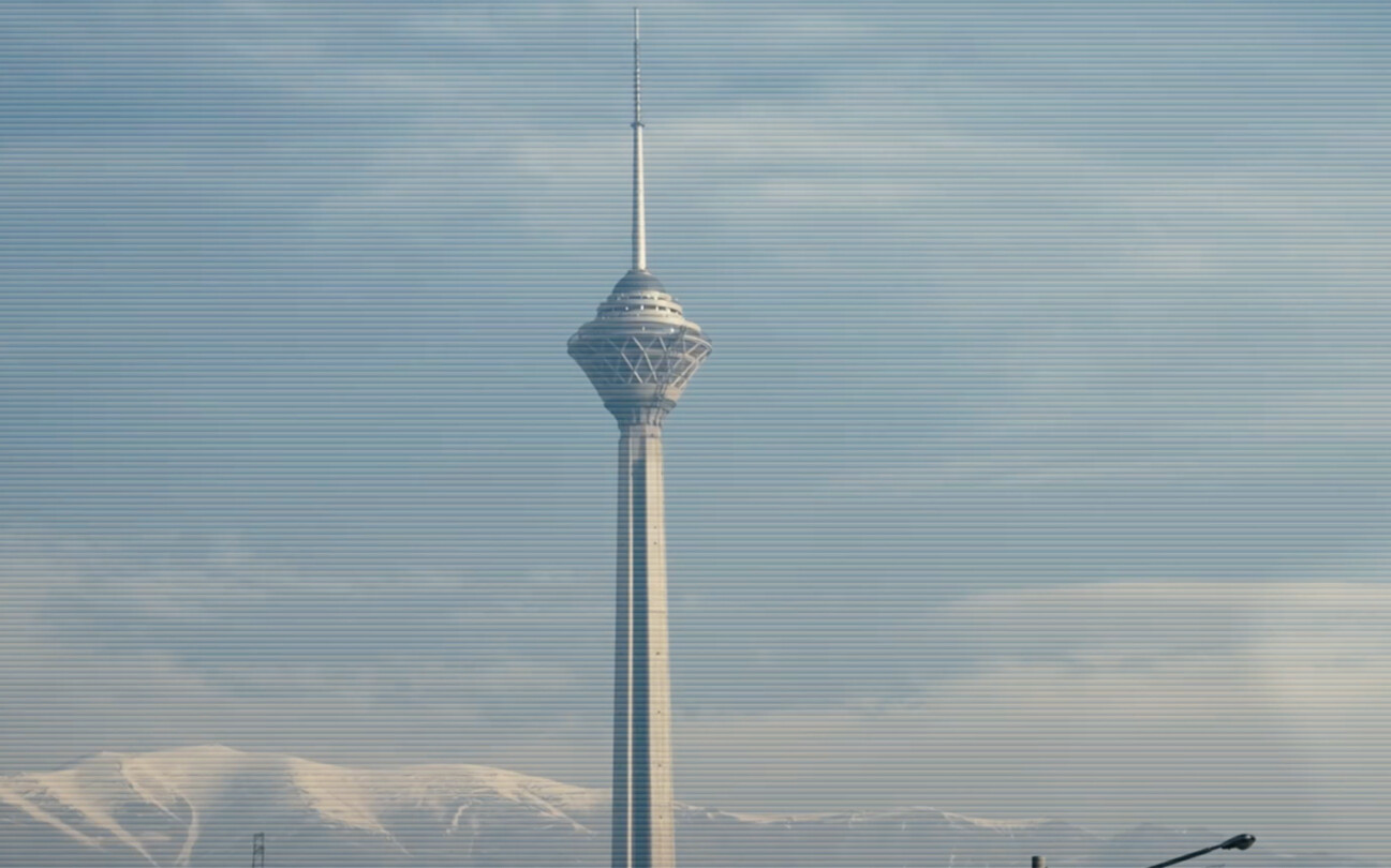 Screenshot from the trailer for Alamut by Laibach. The picture depicts a the Milad Tower in Tehran, Iran.