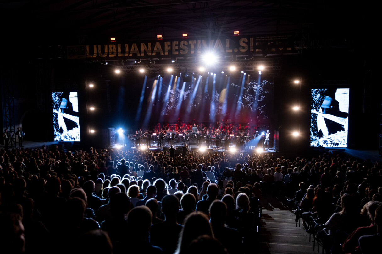 Screenshot from the performance of Alamut by Laibach in Ljubljana, Slovenia. This image depicts the stage dramatically light.