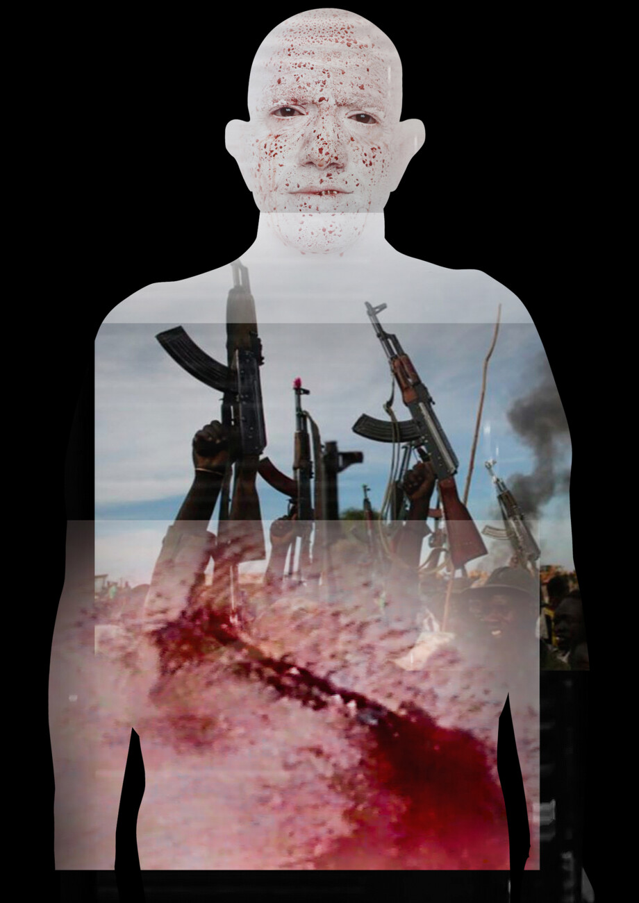 Front projection from I'm Here by Franko B. A collage of images includes firearms, a wound and Franko B's face.